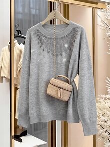 SHEIN Clasi Plus Size Women's Round Neck Casual Elegant Daily Wear Long Sleeve Sweater Autumn Formal Office Party Grey - Grey - View 3