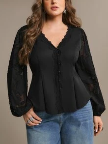 Freevana Women Elegant Black Deep V Neck Button Down Floral Lace Sheer Long Sleeve Peplum Blouse Shirt Fall - Black - View 3