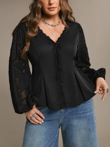 Freevana Women Elegant Black Deep V Neck Button Down Floral Lace Sheer Long Sleeve Peplum Blouse Shirt Fall - Black - View 4