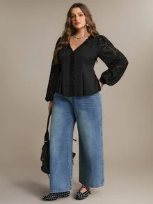 Freevana Women Elegant Black Deep V Neck Button Down Floral Lace Sheer Long Sleeve Peplum Blouse Shirt Fall - Black - View 7