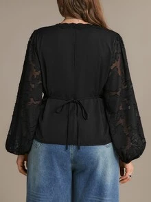 Freevana Women Elegant Black Deep V Neck Button Down Floral Lace Sheer Long Sleeve Peplum Blouse Shirt Fall - Black - View 2