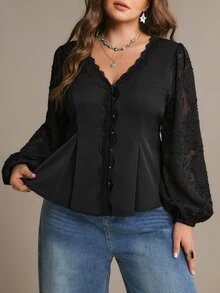 Freevana Women Elegant Black Deep V Neck Button Down Floral Lace Sheer Long Sleeve Peplum Blouse Shirt Fall - Black - View 5