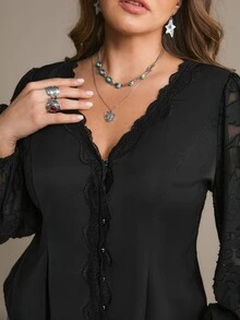 Freevana Women Elegant Black Deep V Neck Button Down Floral Lace Sheer Long Sleeve Peplum Blouse Shirt Fall - Black - View 6