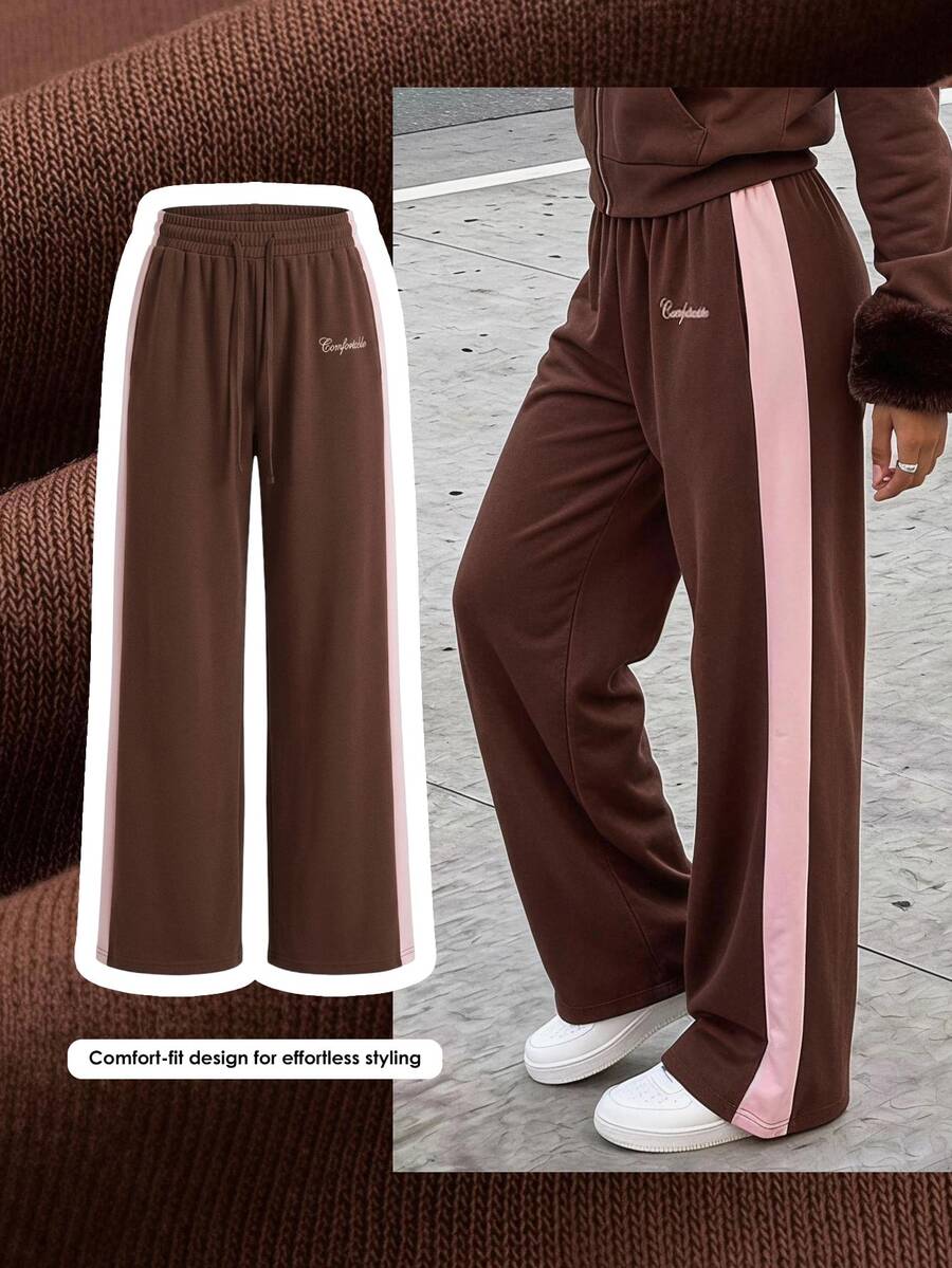 Comfortcana Women's Casual Colorblock Striped Wide Leg Sweatpants, Suitable For Summer, Spring, Autumn, Cream Yellow Wide Leg Pants Women Fall/Winter Pants