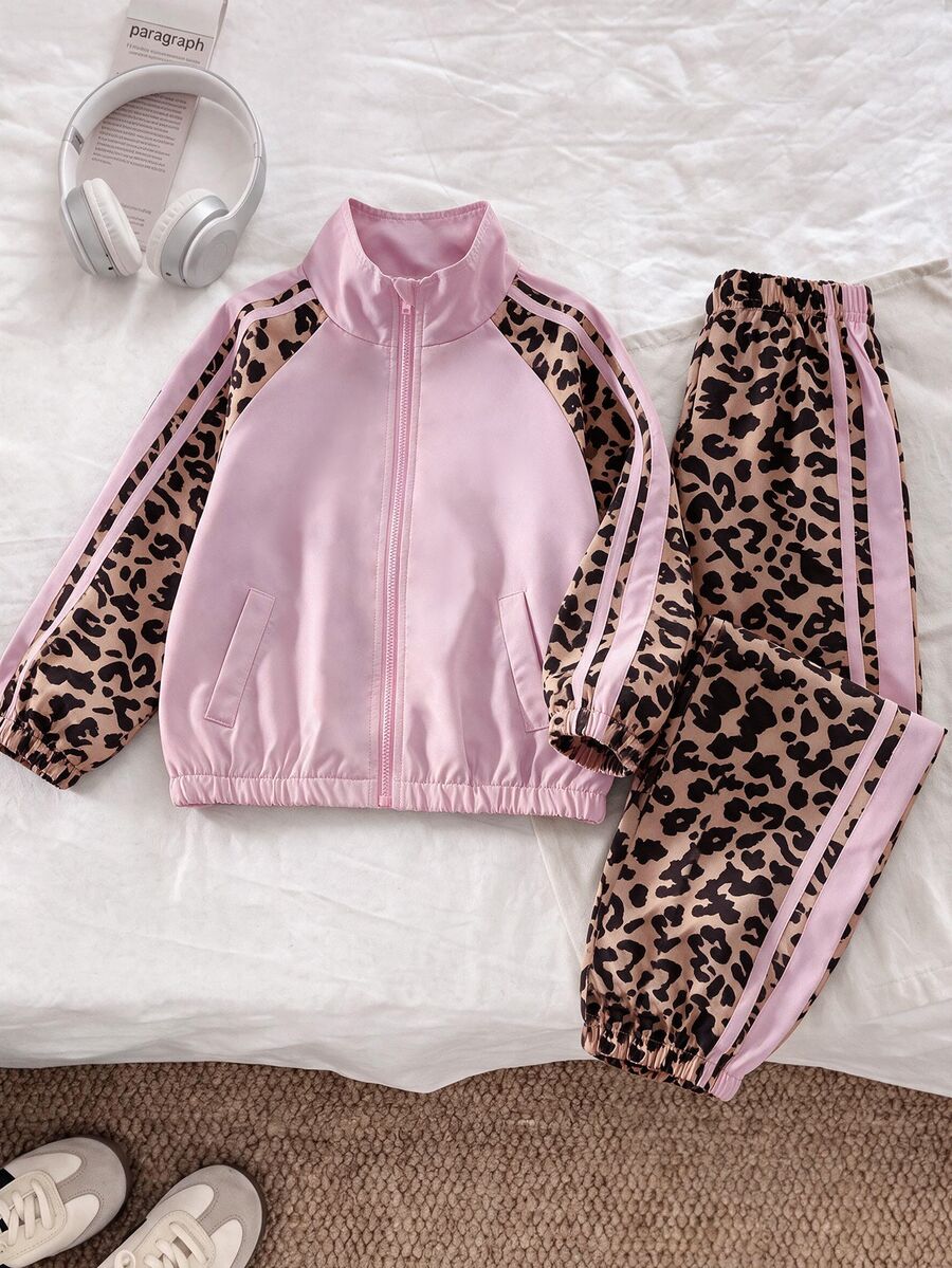 SHEIN Genkimix Kids 2件組少女時尚豹紋拼色側條紋立領拉鍊運動褲外套套裝 滑板戶外秋季風格 - 彩色 - 查看 1