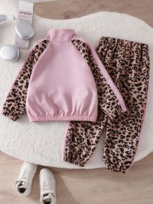 SHEIN Genkimix Kids 2件組少女時尚豹紋拼色側條紋立領拉鍊運動褲外套套裝 滑板戶外秋季風格 - 彩色 - 查看 2
