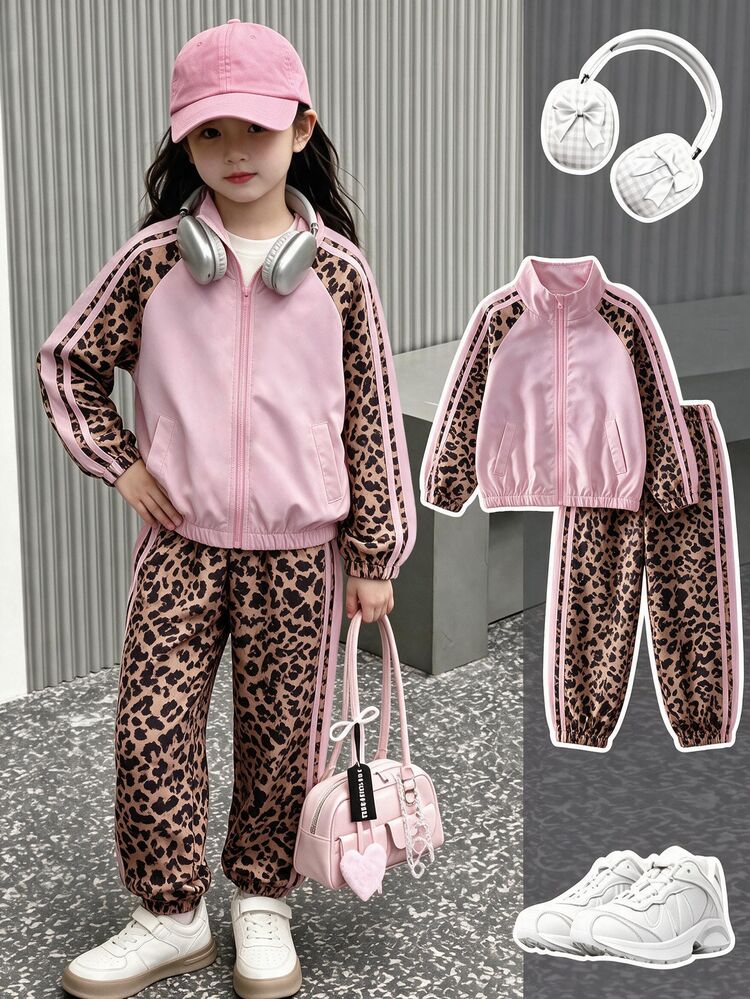 SHEIN Genkimix Kids 2pcs Setelan Anak Perempuan Modis Motif Leopard Warna Blok dengan Garis Samping dan Resleting, Kerah Tegak, Celana Jogger, Jaket, Setelan Olahraga, Skateboard, Aktivitas Luar Ruangan, Gaya Musim Gugur - MultiWarna - View 3