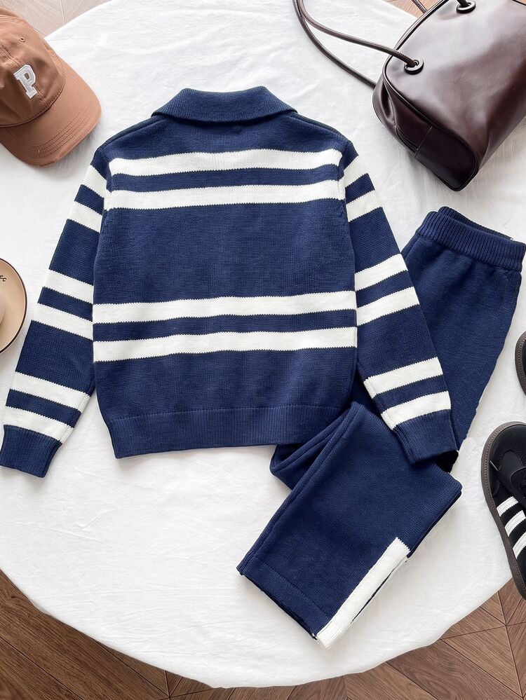 SHEIN Explorewe Girls' Autumn/Winter Casual Knit 2 Pieces Set, Color Block Striped Polo Sweater + Wide Leg Pants - Multicolor - View 2