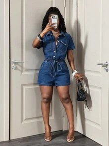 BamGleam Y2K Women's Turn Collar Button Decor Short Sleeve Washed Denim Overall Jumpsuit - Dark Wash - View 3