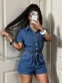 BamGleam Y2K Women's Turn Collar Button Decor Short Sleeve Washed Denim Overall Jumpsuit - Dark Wash - View 5