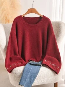 CosyJoli Plus Size Dusty Rose Bell Sleeve Long Sleeve Embroide Round Neck Sweater Soft Form Casual Vacation Formal Autumn/Winter Top - Red - View 2