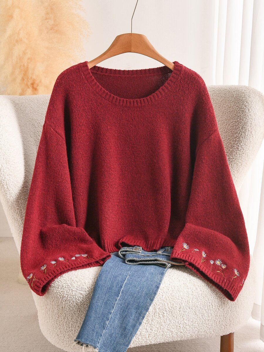 CosyJoli Plus Size Dusty Rose Bell Sleeve Long Sleeve Embroide Round Neck Sweater Soft Form Casual Vacation Formal Autumn/Winter Top