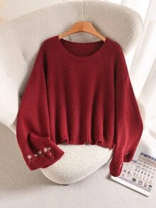 CosyJoli Plus Size Dusty Rose Bell Sleeve Long Sleeve Embroide Round Neck Sweater Soft Form Casual Vacation Formal Autumn/Winter Top - Red - View 6