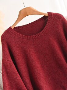 CosyJoli Plus Size Dusty Rose Bell Sleeve Long Sleeve Embroide Round Neck Sweater Soft Form Casual Vacation Formal Autumn/Winter Top - Red - View 7