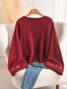 CosyJoli Plus Size Dusty Rose Bell Sleeve Long Sleeve Embroide Round Neck Sweater Soft Form Casual Vacation Formal Autumn/Winter Top - Red - View 3