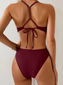 Swim Basics Women's Small Beaded Halter One-Piece Swimsuit For Vacation - Burgundy - View 3
