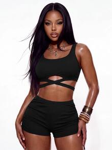 Swim Basics Summer Beach Ladies' Solid Hollow Out Bandeau Bikini Set With Ruched Detail Rave Lollapalooza - Black - View 2