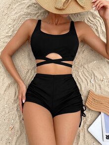 Swim Basics Summer Beach Ladies' Solid Hollow Out Bandeau Bikini Set With Ruched Detail Rave Lollapalooza - Black - View 1