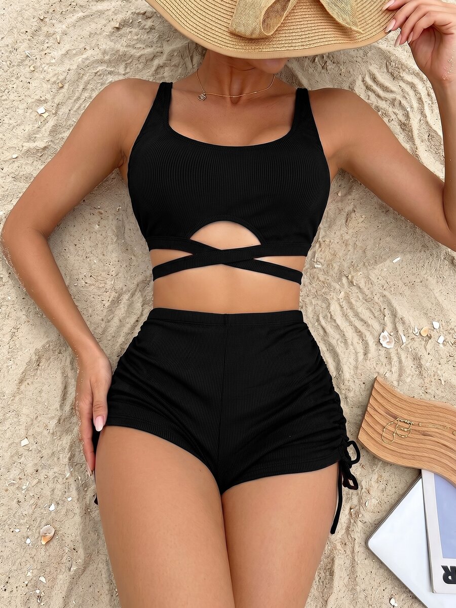 Swim Basics Summer Beach Ladies' Solid Hollow Out Bandeau Bikini Set With Ruched Detail Rave Lollapalooza - Black - View 1