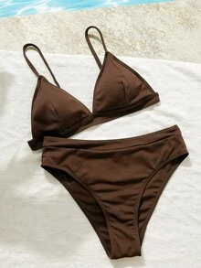 Swim Basics Summer Beach V Neck Bra & High Waist Swim Bottom Bikini Set Bathing Suit - Coffee Brown - View 5