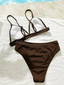 Swim Basics Summer Beach V Neck Bra & High Waist Swim Bottom Bikini Set Bathing Suit - Coffee Brown - View 6