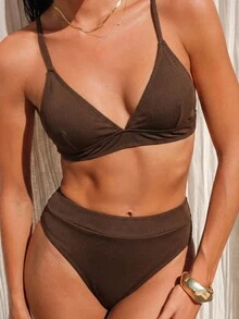 Swim Basics Summer Beach V Neck Bra & High Waist Swim Bottom Bikini Set Bathing Suit - Coffee Brown - View 2