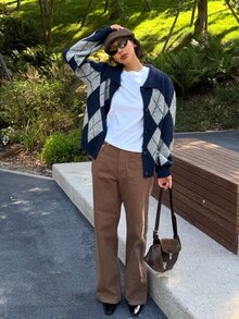 DAZY Women's Autumn Loose Fit Long Sleeve Argyle Pattern Navy & Grey Contrast Color Vintage Style Cardigan Sweater - Royal Blue - View 7