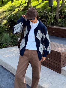 DAZY Women's Autumn Loose Fit Long Sleeve Argyle Pattern Navy & Grey Contrast Color Vintage Style Cardigan Sweater - Royal Blue - View 5