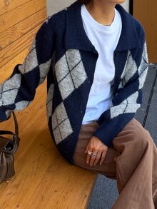 DAZY Women's Autumn Loose Fit Long Sleeve Argyle Pattern Navy & Grey Contrast Color Vintage Style Cardigan Sweater - Royal Blue - View 4
