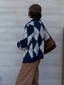 DAZY Women's Autumn Loose Fit Long Sleeve Argyle Pattern Navy & Grey Contrast Color Vintage Style Cardigan Sweater - Royal Blue - View 2