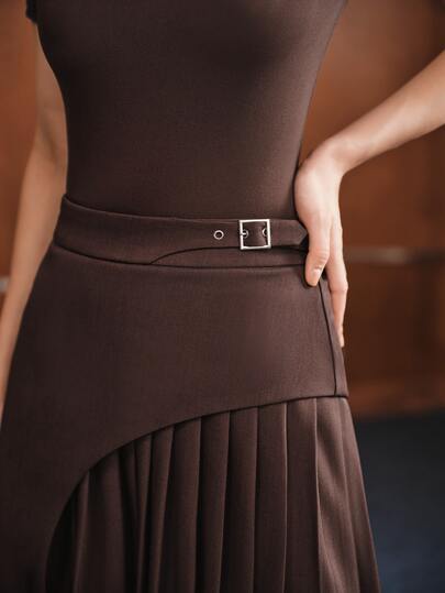 Anewsta Herbst/Winter Elegante Pendler- und Arbeitsoutfits mit Taillen-Metallverschluss, asymmetrischem, mehrlagigem Plissee-A-Linien-Rock, geeignet für Pendeln und Dates