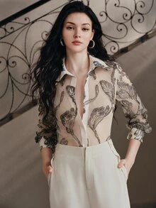 Anewsta Women's Spring/Autumn European Style New Vintage Palace Sequin Embroidery Floral Fashion Beige Long Sleeve Blouse - Beige - View 6