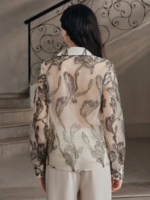 Anewsta Women's Spring/Autumn European Style New Vintage Palace Sequin Embroidery Floral Fashion Beige Long Sleeve Blouse - Beige - View 7