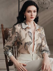 Anewsta Women's Spring/Autumn European Style New Vintage Palace Sequin Embroidery Floral Fashion Beige Long Sleeve Blouse - Beige - View 2