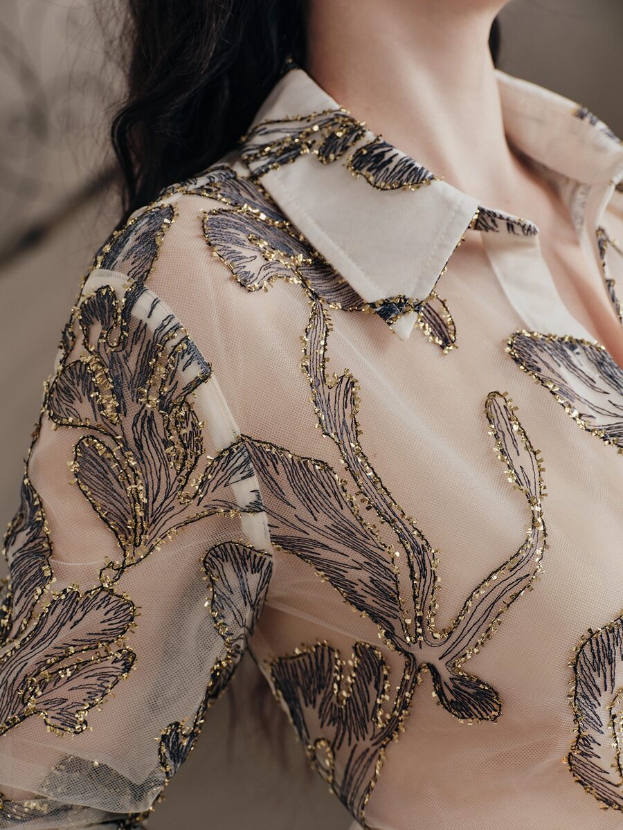 Anewsta Women's Spring/Autumn European Style New Vintage Palace Sequin Embroidery Floral Fashion Beige Long Sleeve Blouse - Beige - View 1