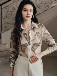 Anewsta Women's Spring/Autumn European Style New Vintage Palace Sequin Embroidery Floral Fashion Beige Long Sleeve Blouse - Beige - View 3