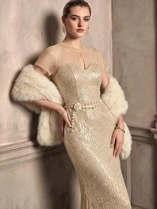 Anewsta Affair Women's Small Round Neck Hollow Design Mesh Patchwork Glitter Sequin Open Back Elegant Elegant Party Evening Dress - Champagne - View 5