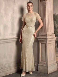 Anewsta Affair Women's Small Round Neck Hollow Design Mesh Patchwork Glitter Sequin Open Back Elegant Elegant Party Evening Dress - Champagne - View 6