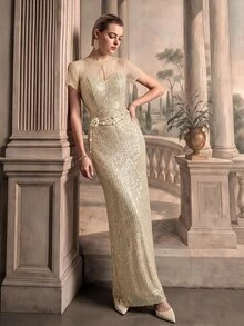 Anewsta Affair Women's Small Round Neck Hollow Design Mesh Patchwork Glitter Sequin Open Back Elegant Elegant Party Evening Dress - Champagne - View 7