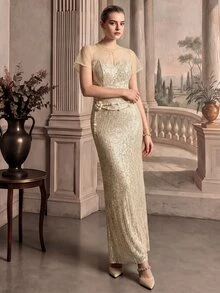Anewsta Affair Women's Small Round Neck Hollow Design Mesh Patchwork Glitter Sequin Open Back Elegant Elegant Party Evening Dress - Champagne - View 4