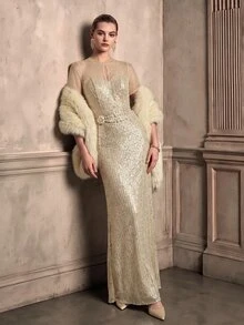 Anewsta Affair Women's Small Round Neck Hollow Design Mesh Patchwork Glitter Sequin Open Back Elegant Elegant Party Evening Dress - Champagne - View 1