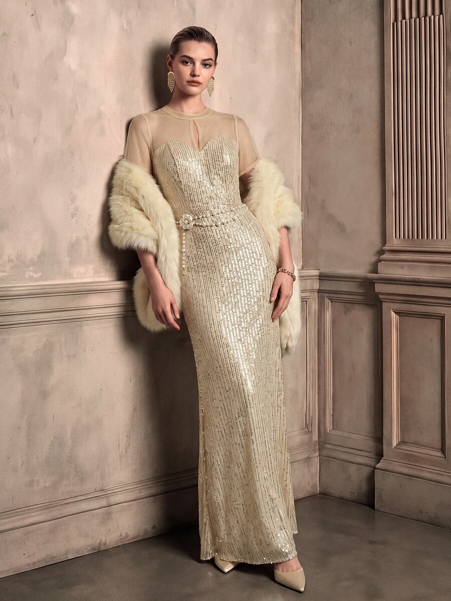 Anewsta Affair Women's Small Round Neck Hollow Design Mesh Patchwork Glitter Sequin Open Back Elegant Elegant Party Evening Dress - Champagne - View 1