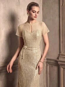 Anewsta Affair Women's Small Round Neck Hollow Design Mesh Patchwork Glitter Sequin Open Back Elegant Elegant Party Evening Dress - Champagne - View 3