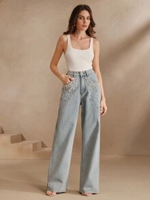 Anewsta 女士新款时尚重工水钻泡泡牛仔裤，直筒裤型，蓝色，适合情人节和母亲节穿着。 - 藍色 - 查看 6