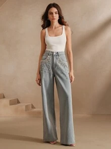 Anewsta 女士新款时尚重工水钻泡泡牛仔裤，直筒裤型，蓝色，适合情人节和母亲节穿着。 - 藍色 - 查看 5