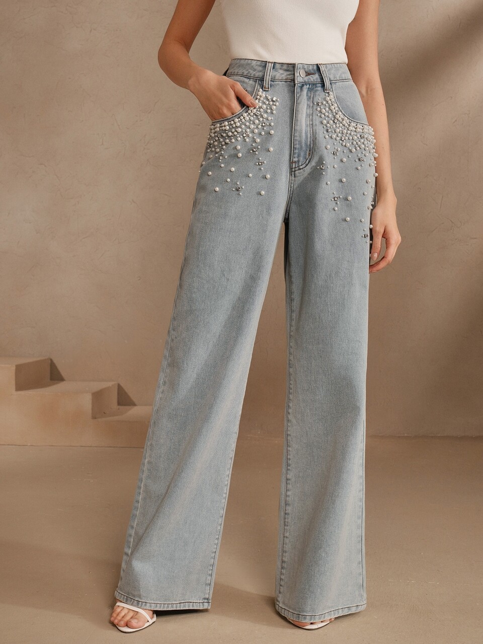 Anewsta Women's Casual Blue Denim Straight Leg Jeans With Pearl Embellishments And Pockets
