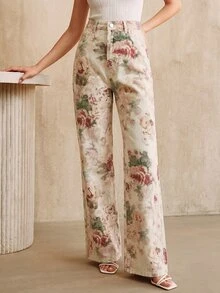 Anewsta Women's New Fashionable Printed Pink Straight Leg Jeans - Apricot - View 6