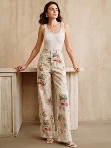 Anewsta Women's New Fashionable Printed Pink Straight Leg Jeans - Apricot - View 5