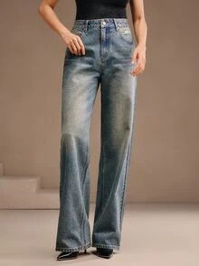 Anewsta Women's Casual Distressed Rhinestone Embellished Straight Leg Jeans - Blue - View 9