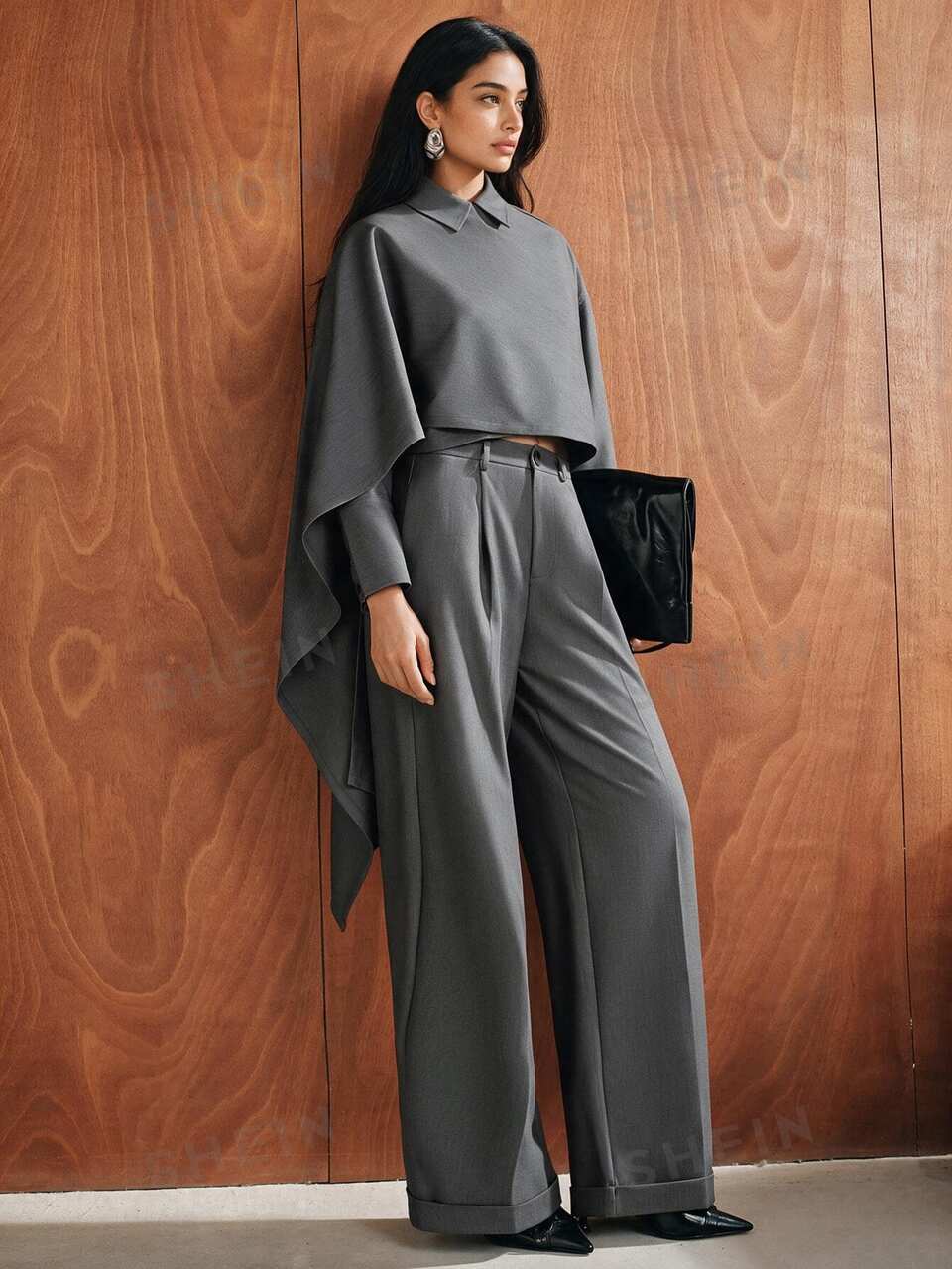 Anewsta Elegant Grey Woven Wool Loose Cape Shawl Design Set For Women, Suitable For Holiday Business Banquets In Autumn/Winter
